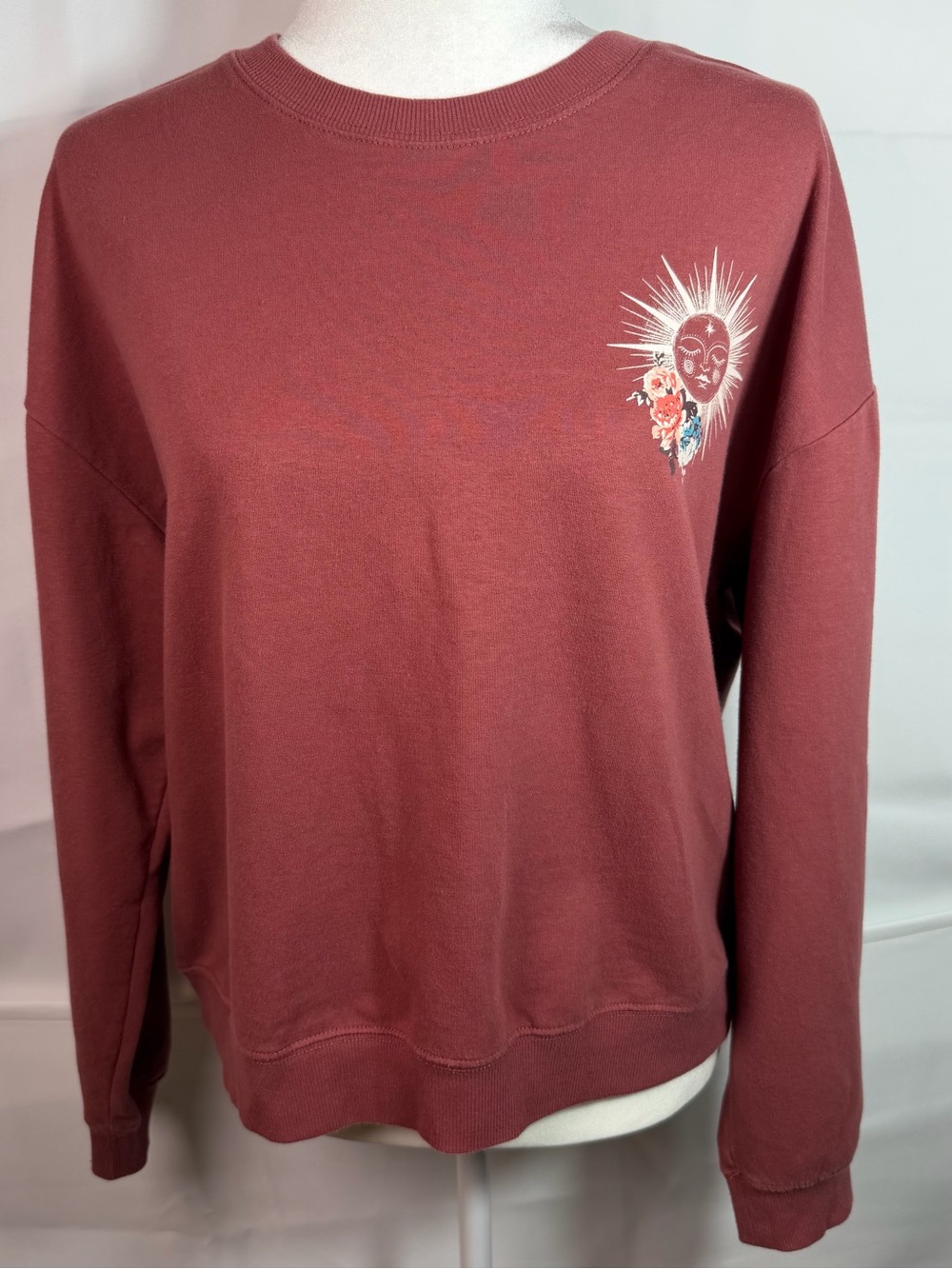 Rebellious One Sun Floral Moon Celestial Graphic Crewneck Sweatshirt Mauve Large